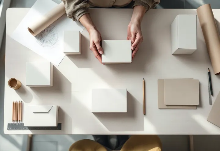 Banco design lab con prototipi packaging in cartoncino — placeholder