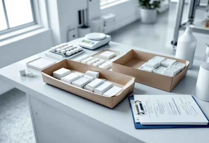 Banco lab tecnico con campioni di cartone e strumenti — placeholder
