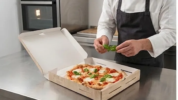 Chef professionista che aggiunge basilico fresco a una pizza margherita nel box PackLife aperto, su banco in acciaio inox